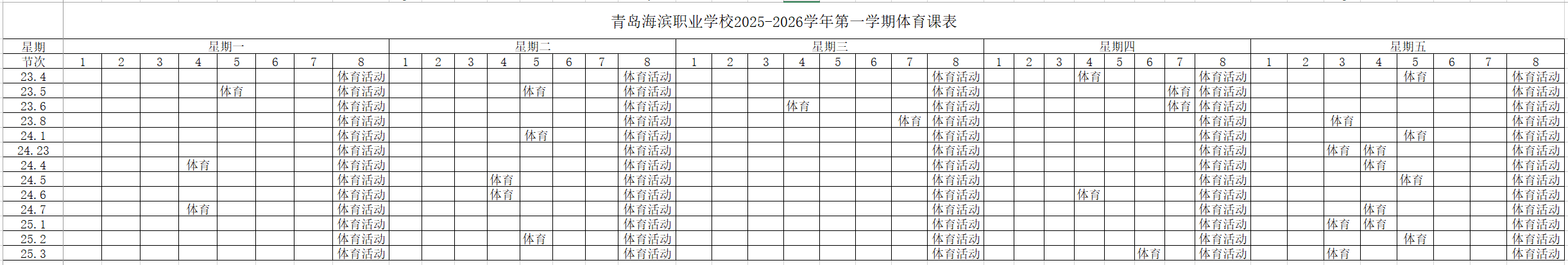  青岛海滨职业学校各级部 体育课 课程表公示2025.9.3